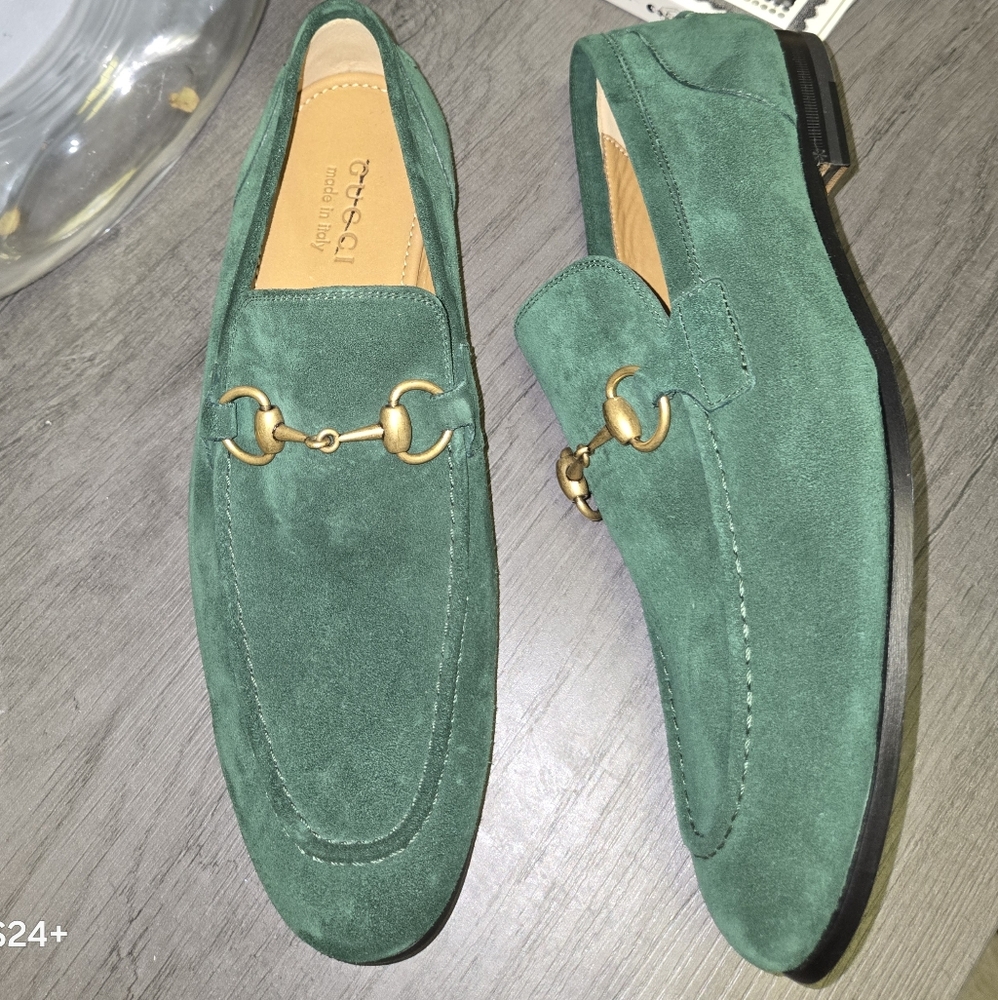 Gucci Green Suede Loafers with Gold Detail